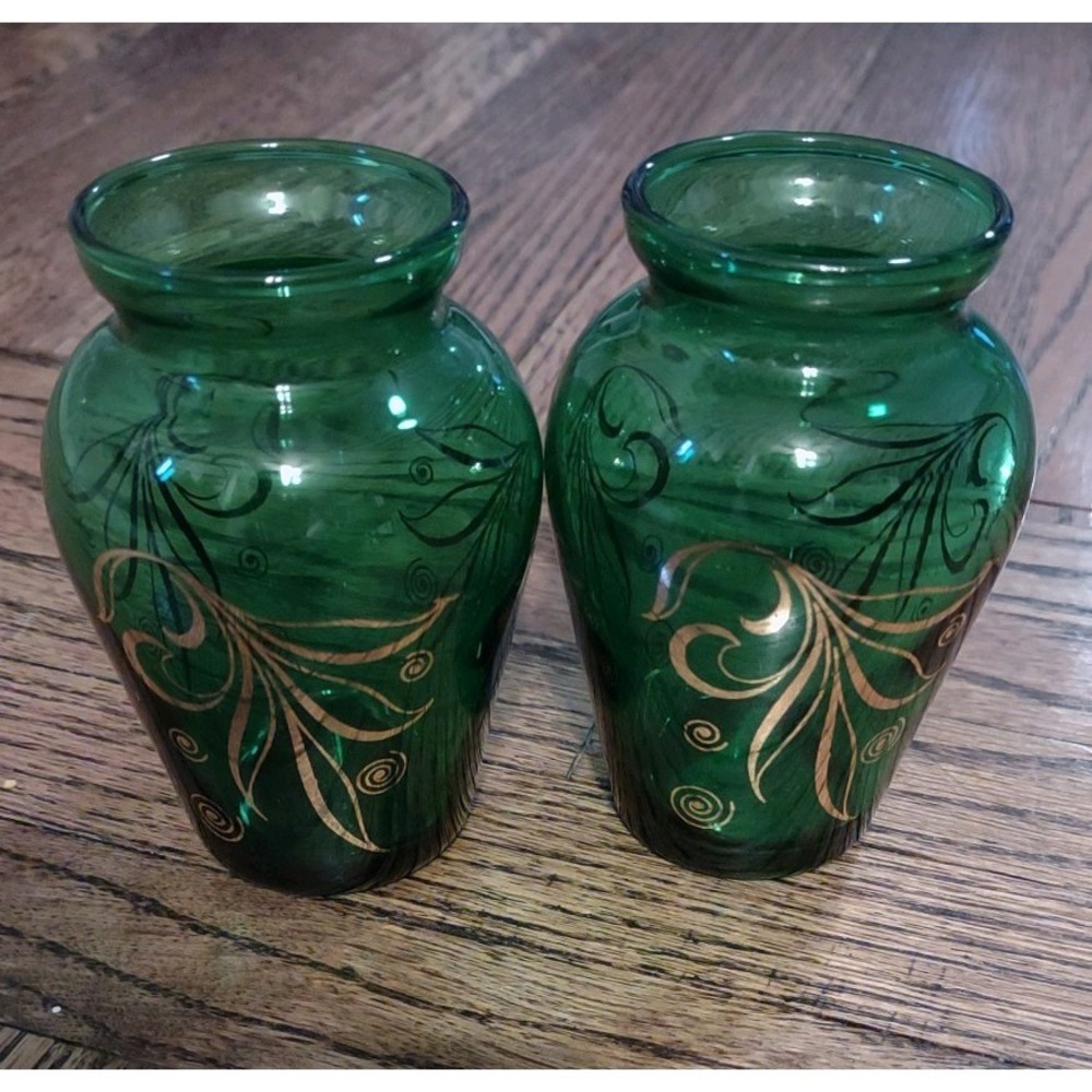Vintage Emerald Green Glass Mini Bud Vases Gold Scroll Floral Pair 4" MCM Set 2
